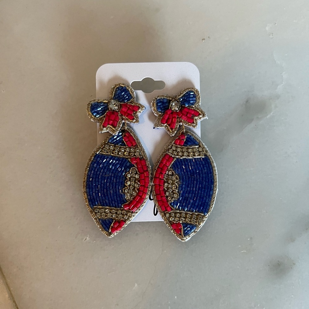 Patriot Football Earrings
Red, Blue & Gold with Rhinestones